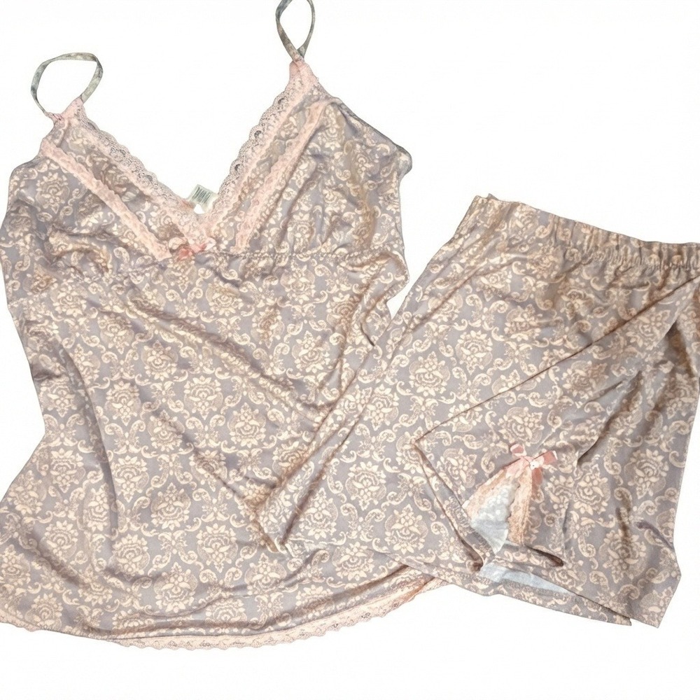 y2k babydoll cami lace pink bow coquette Pajama Set Shorts Damask large